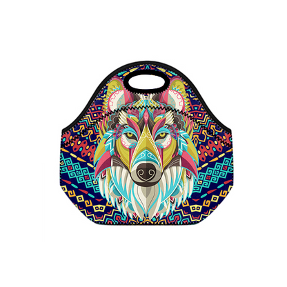 A lunch bag with a wolf pattern