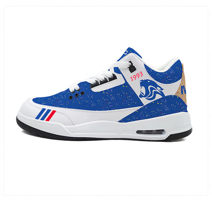 Air-cushioned shoes with blue patterns